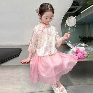 夏季粉红色碎花半袖立领斜襟中国风上衣雪纺纱裙半裙女童两件套装