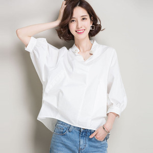 灯笼袖纯棉白衬衫女韩范v领休闲七分袖衬衣宽松学生百搭小清新夏
