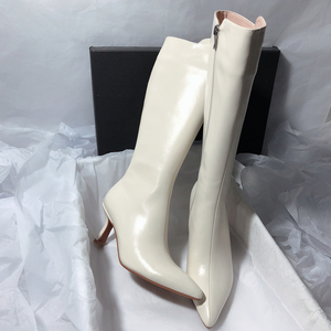 002人付款淘宝牛皮版~白色长筒靴女2023秋冬高跟鞋粗跟高筒长靴v口不