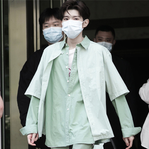 tfboys王源同款浅绿色衬衫长袖外搭宽松韩版休闲简约小众男女款