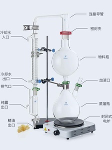 精油提取分离器装置蒸汽蒸馏设备 2000ml二颈烧瓶 格雷厄姆冷凝器