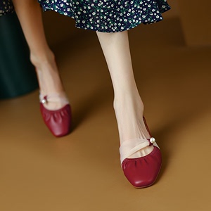 红色复古玛丽珍单鞋女新款中低跟软皮法式浅口方头少女4CM高跟鞋