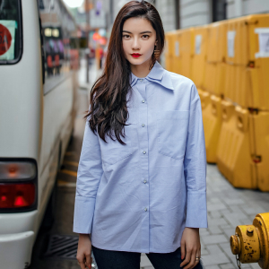 欧美风天蓝色条纹双层领长袖衬衣女宽松显瘦设计款拼接多扣上衣