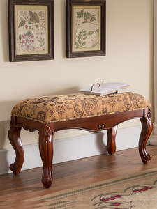 美式实木雕花换鞋凳真皮床尾凳大师设计长凳卧室衣帽间凳子沙发凳