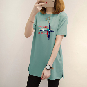 黑白中长款短袖t恤女纯棉重磅半袖体恤衫套头中长裙休闲时尚上衣t