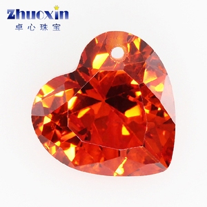 桃心形桔红色锆石戒面单孔裸石 带孔心形人造橘红色宝石镶耳环diy