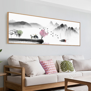 水墨山水画客厅挂画横款茶室办公室背景墙装饰画主卧室床头风景画