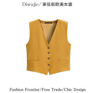 Diwujie 231 美式穿搭姜黄色V领西装马甲女外穿复古短款马夹背心