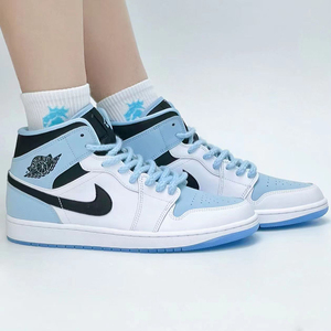 cjj原创适配aj1mid冰蓝蓝白色air jordan篮球鞋麻绳反光鞋带袜子