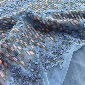进口 优雅精美天蓝色小碎花刺绣蕾丝面料连衣裙汉服网纱服装布料