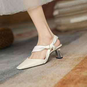 安娜定制真皮包头凉鞋女夏新款法式优雅设计感异形跟高跟鞋