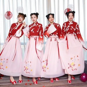 出租汉服结婚新款伴娘服中式中国风姐妹团修身显瘦古装侍女演出服