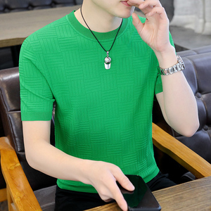 冰丝针织短袖t恤男2022夏季流行欧货纯绿色圆领体恤衫高端上衣薄t