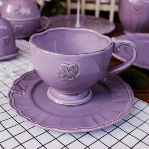 出口陶瓷欧式复古做旧浮雕杯子大汤杯麦片杯水杯紫色餐具套装