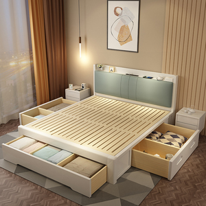 现代简约白色实木床高箱收纳储物抽屉床1.5x1.9米1.35单人儿童1.