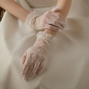 新娘礼服婚纱手套蕾丝短款婚礼韩式简约优雅珍珠精致法式短薄纱