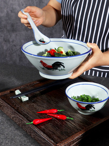 老式怀旧鸡公碗tvb港剧釉下彩中式陶瓷公鸡面碗广东公鸡碗商用