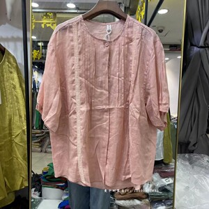 缇素2275短袖圆领竖纹蕾丝薄款宽松棉麻衬衫苎麻衬衣夏季女装潮流