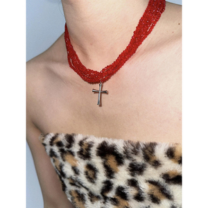 atmsh红色水晶感珠串多层一体十字架吊坠项链复古甜酷高级锁骨链