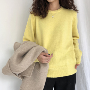 韩版秋冬柠檬黄毛衣女chic小清新学生淡黄色针织打底衫鹅黄色上衣