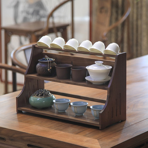 黑胡桃木乐动置物架桌面茶具博古架实木茶杯收纳架茶壶水杯储物架
