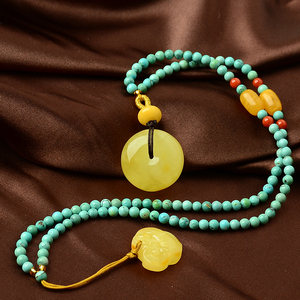 纯天然琥珀蜜蜡吊坠平安扣面包圈黄蜜桶珠绿松石项链配链搭南红