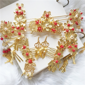 包邮新娘头饰品套装古风金红色流苏发簪发钗步摇耳环发梳发冠汉服