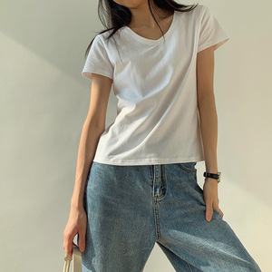 白色t恤女短袖2022韩版新款棉质上衣夏季显瘦V领紧身基础打底衫潮