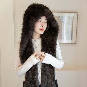 紫貂皮草风雪帽围巾帽子一体男女冬季保暖百搭貂毛毛