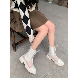 配裙子短靴真皮网面马丁靴女夏季薄款透气网纱中筒靴厚底镂空凉靴