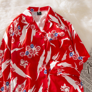 junicool欧儿同款红扶桑花衬衫他泰国aloha港风痞帅长袖bkpp衬衣
