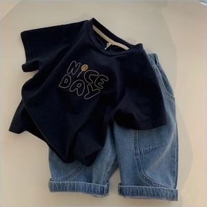 织里童装男宝宝时髦二件套夏季新款男童韩版字母短袖牛仔短裤休闲