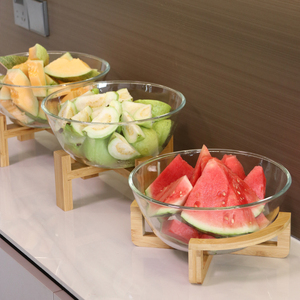 超大号玻璃盆水果碗竹木架高脚蔬菜沙拉自助餐凉菜展示盘商用器皿