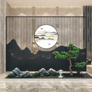 新中式不锈钢屏风隔断别墅户外庭院玄关格栅假山水金属背景墙定制