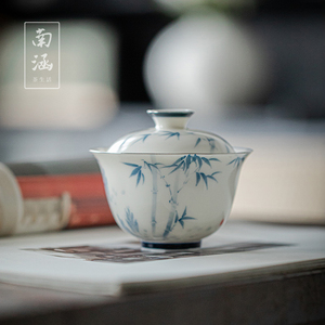南涵手绘釉下彩玉瓷盖碗青花斑竹枝福灵单个白瓷泡茶功夫茶具茶碗