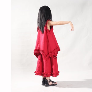 原创设计背心套装女童夏花边半身裙红色两件套中大童不规则上衣