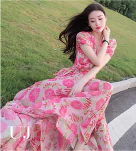 2022新款粉色碎花雪纺连衣裙女甜美气质太阳花沙滩裙海边度假长裙
