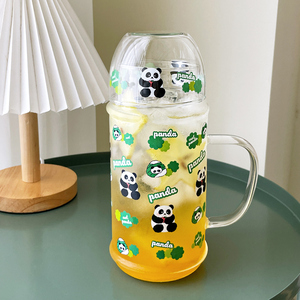 耐高温一人饮水壶1L大容量玻璃杯熊猫印花带刻度水杯带把带盖杯子