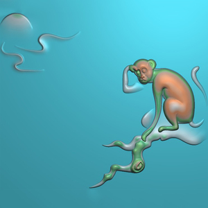 猴子灵猴观月精雕浮雕图玉雕图jdp电脑雕刻图