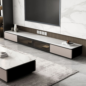 实木岩板地台电视柜意式轻奢简约背景墙柜玻璃收纳储物柜电视机柜