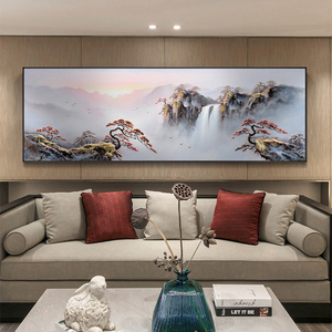 新中式纯手绘油画客厅卧室壁画日出东方山水风景横版挂画装饰画