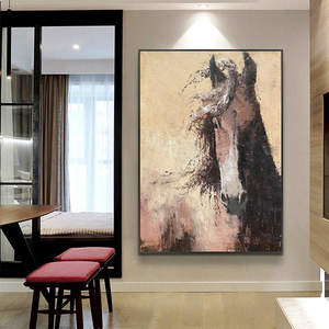 新中式纯手绘油画抽象肌理画马头玄关客厅走廊过道装饰画竖版挂画