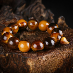 金丝牦牛角手串正圆单圈带黄丝红丝佛珠念珠手链文玩骨头饰品配件