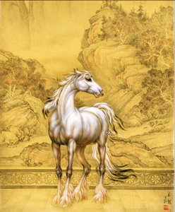 传世名画四尺斗方郎世宁马画芯国画字画一匹马走兽画白马客厅玄关