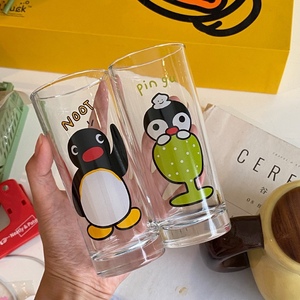 原创自制企鹅家族玻璃杯复古中古可爱玻璃杯水杯果汁杯子