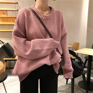 藕粉色毛衣女套头韩版宽松港味chic慵懒风复古中长款森系文艺ins