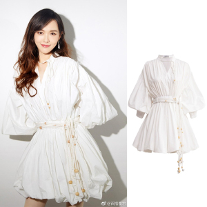 rouje raris 唐嫣明星同款白色收腰灯笼袖连衣裙民族风花苞短裙女