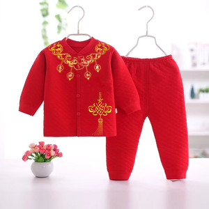 秋冬新款婴儿红色喜庆套装宝宝百天周岁纯棉衣服中国风保暖两件套