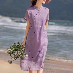 高级又有韵味~ 紫色苎麻刺绣连衣裙夏季气质复古新中式改良旗袍