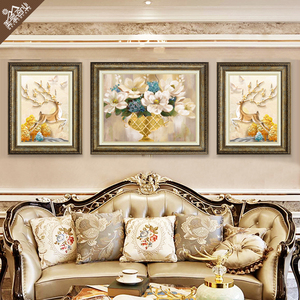 欧式客厅装饰画三联沙发背景画墙画麋鹿挂画简欧餐厅画过道画壁画